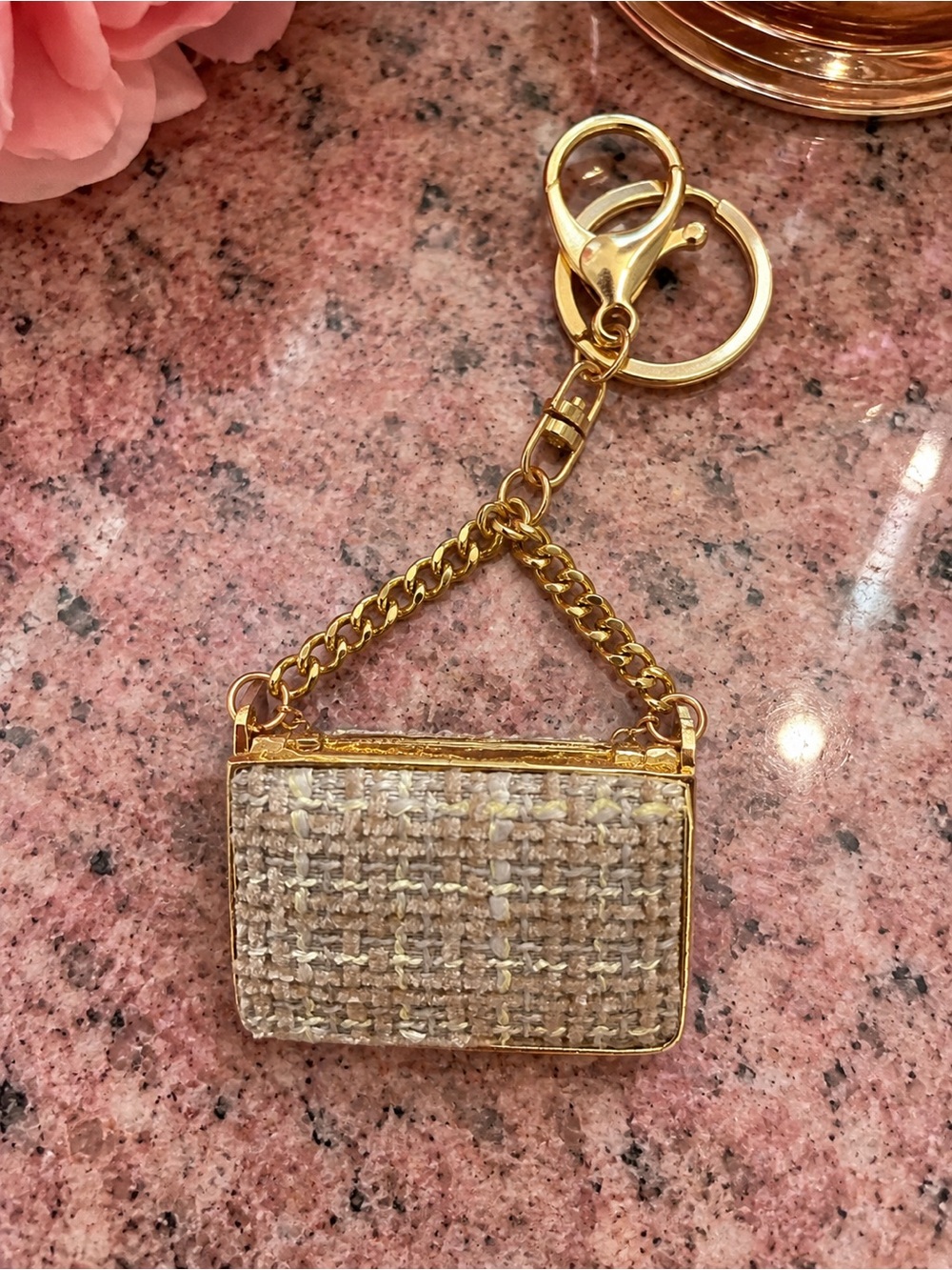 Gold-Tone Tweed Purse Charm Keychain with Pink Accents - Picture 3 of 3
